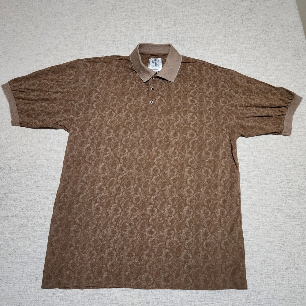 Pebble Beach Polo Shirt Mens L Brown Geometric Print Short Sleeve Cotton Golf